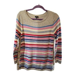 TALBOTS PETITE MEDIUM MULTI STRIPED SIDE BUTTON SWEATER PULLOVER GRAY